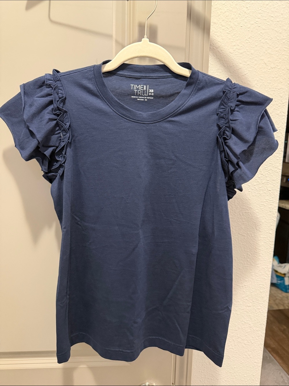Time and tru navy blue ruffle flutter sleeve shoulder tank tshirt top XS
